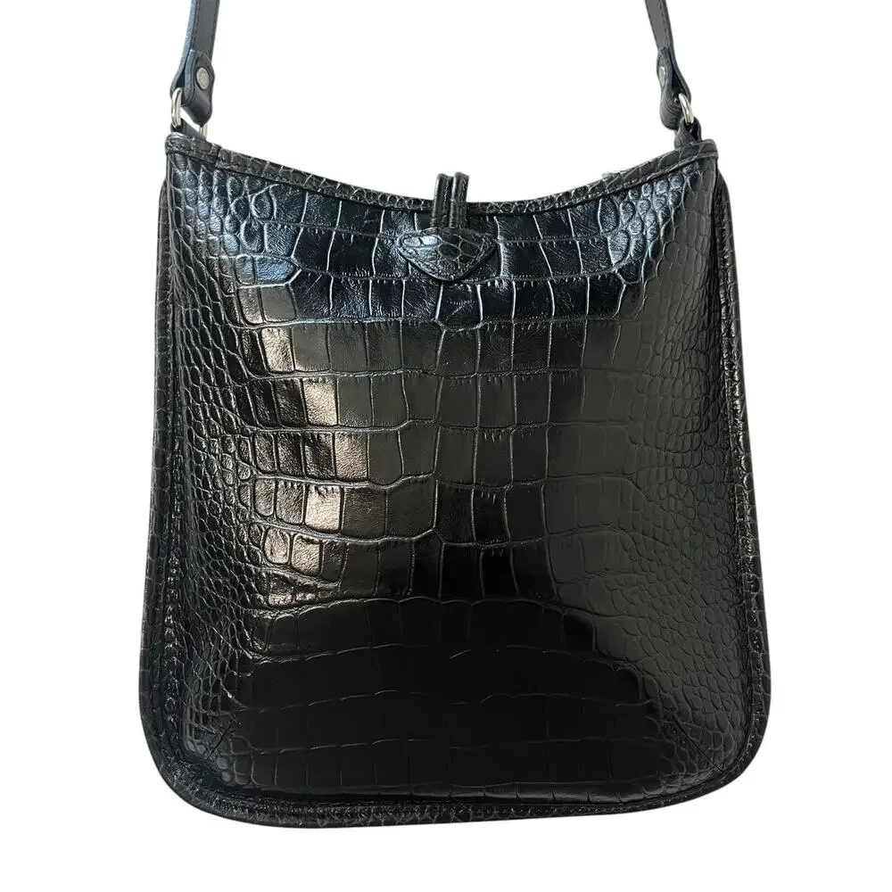 Longchamp Roseau Croc Embossed Leather Crossbody Bag Black Silver Vintage Y2K